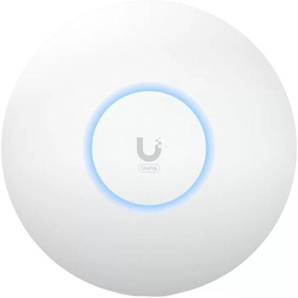 Front view of Ubiquiti U6 Plus Wi Fi 6 Access Point with LED status ring.