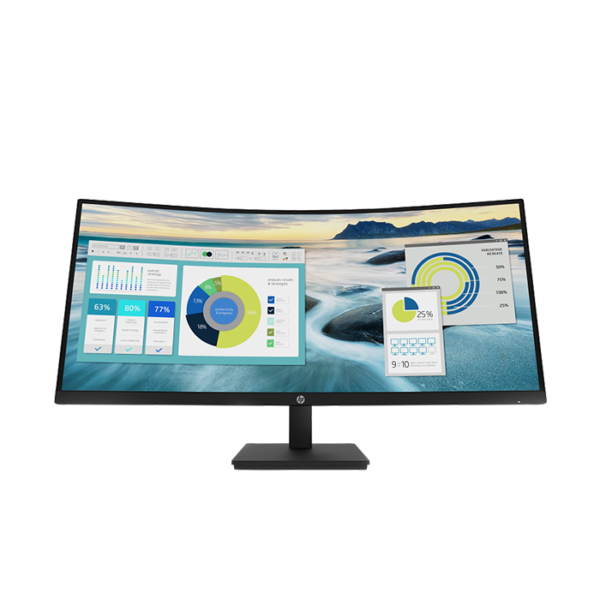 HP P34hc G4 34 Inch WQHD USB C Curved Monitor (21Y56AS#ABV) Front view.