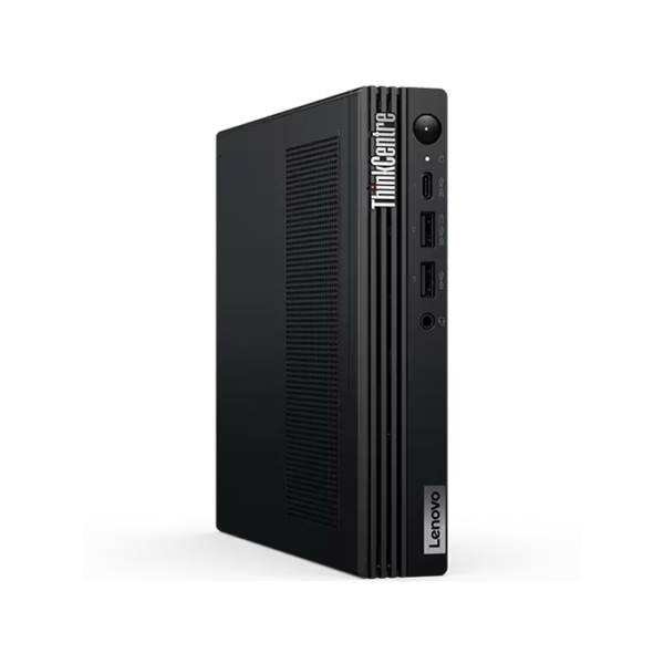 Lenovo ThinkCentre M90q Gen 5 Tiny Desktop Intel Core i7 14700T 8GB DDR5 512GB NVMe SSD Windows 11 Pro (12TH0020GP) Front side angle view.
