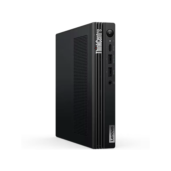 Lenovo ThinkCentre M90q Gen 5 Tiny Desktop Intel Core i7 14700T 8GB DDR5 512GB NVMe SSD Windows 11 Pro (12TH0020GP) Front side angle view.