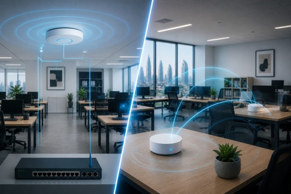 Access Point vs Mesh WiFi setup comparison for office spaces with business wireless network coverage illustration. Source AI.