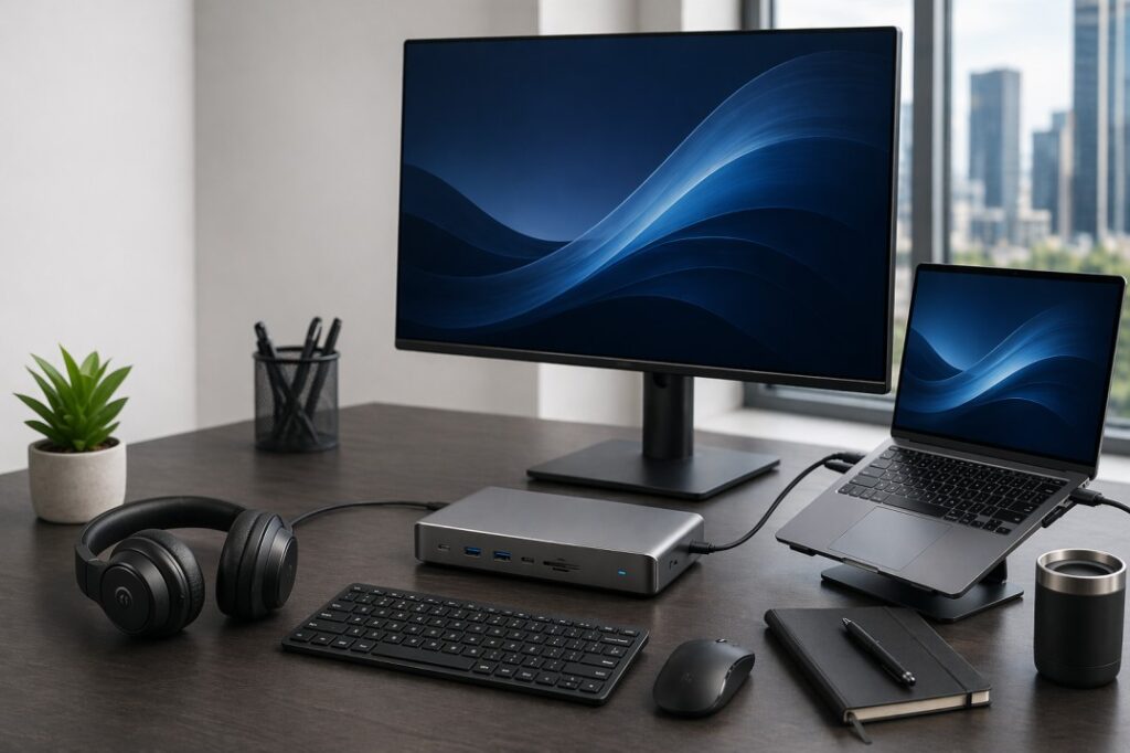 Best laptop accessories for business setup in 2026 including monitor, docking station, wireless keyboard, mouse, and productivity workspace accessories. Source AI