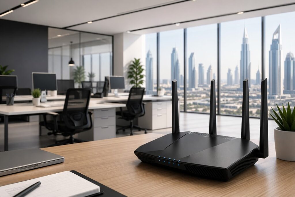 Best WiFi router for office setup in UAE with modern business workspace, wireless networking, and high-speed internet connectivity.Source AI.
