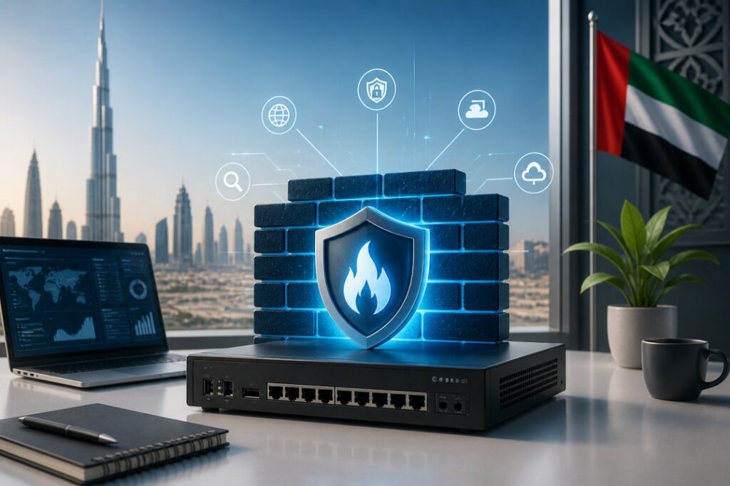 Business firewall and network security setup for UAE offices with secure office network protection and cybersecurity concept. AI source.
