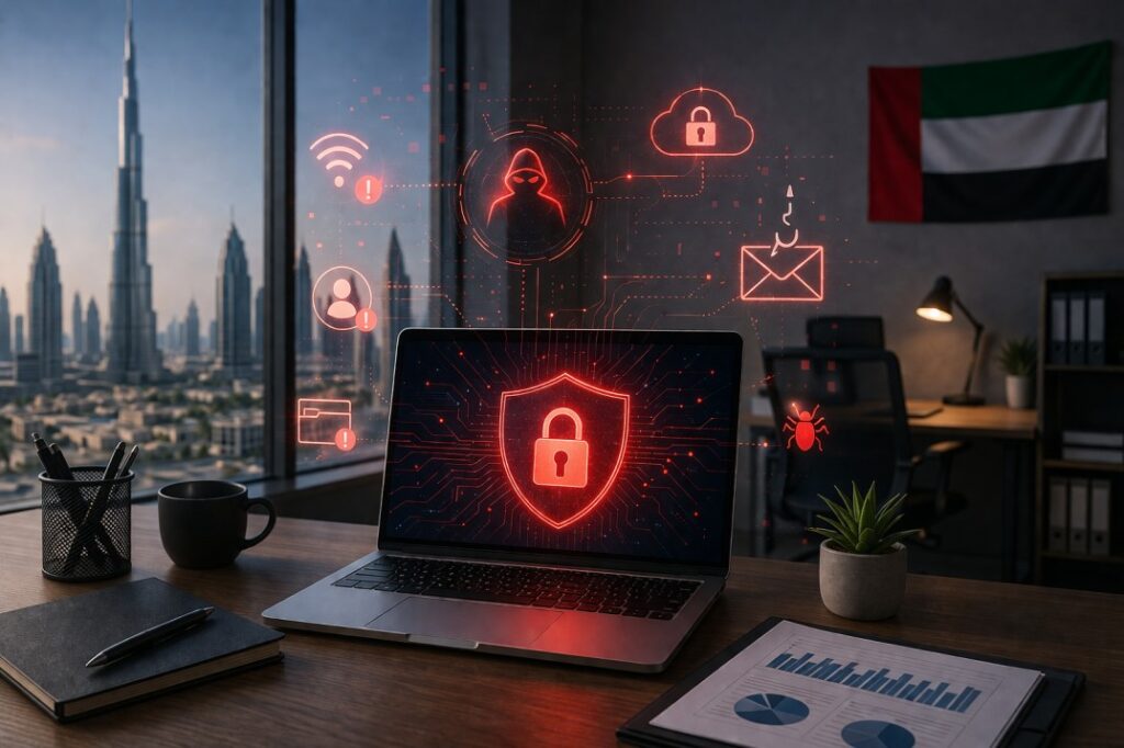 Cybersecurity risks increasing for small businesses in UAE with secure office laptop and network protection setup. Source AI.