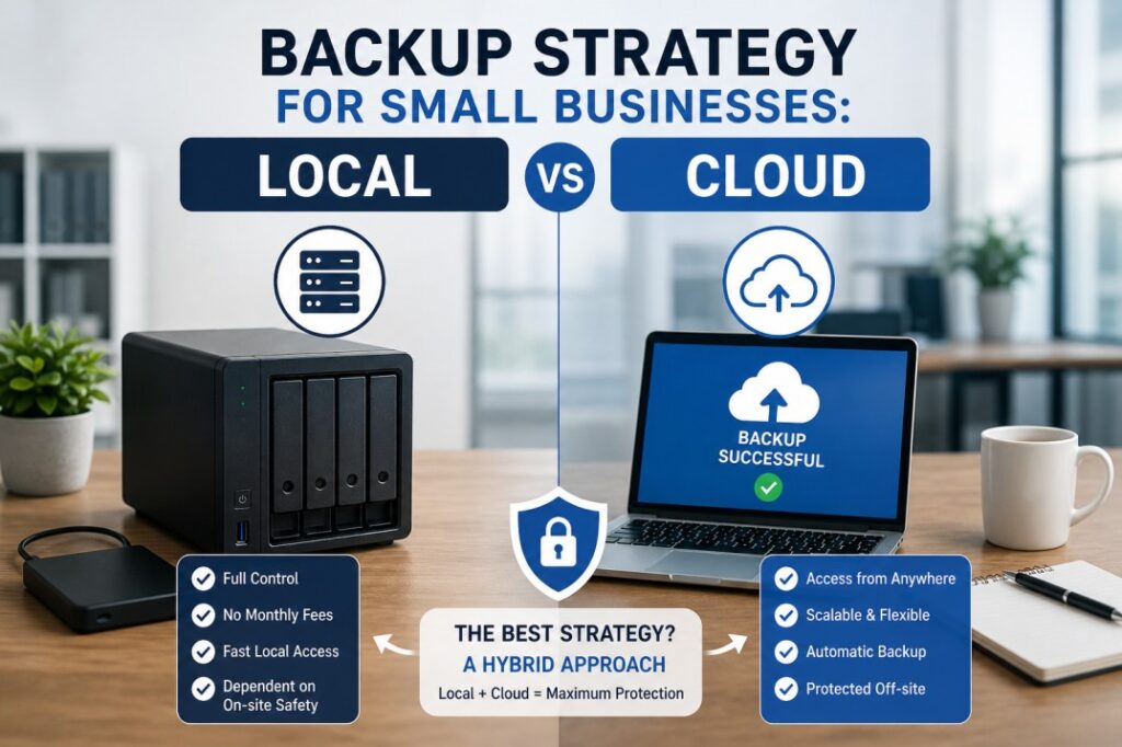 Local vs cloud backup strategy for small businesses with NAS storage, cloud backup, and business data protection setup. Source AI.