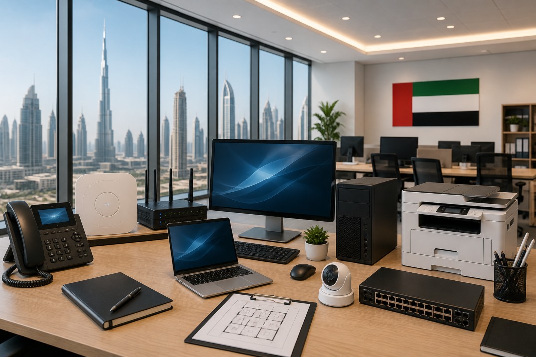 Modern office IT setup for UAE businesses with laptops, monitor, networking devices, and organized workspace in Dubai office environment- source AI.