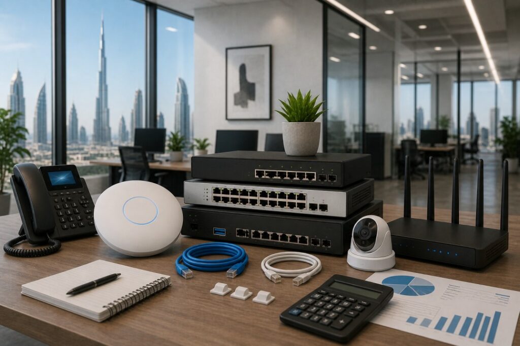 Modern office network setup in UAE with router, WiFi access points, switches, and business workstations connected in an office environment.Source AI.