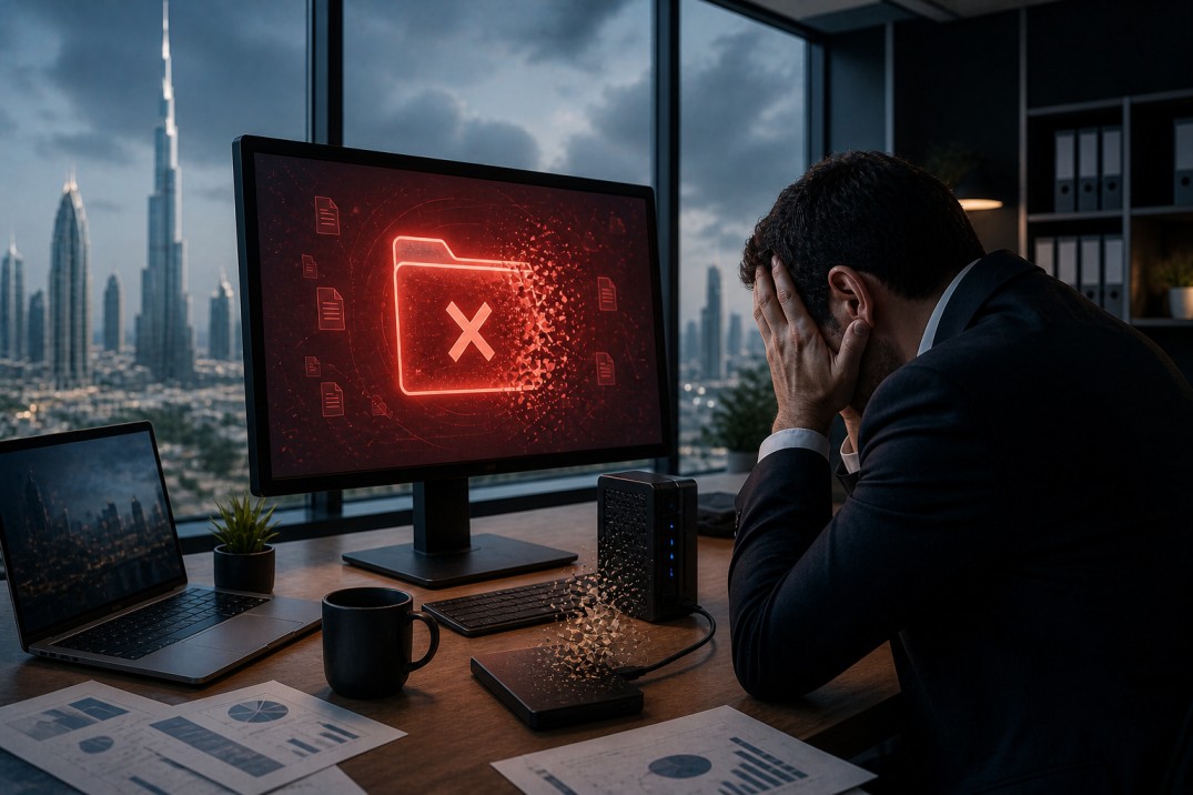 Business owner stressed after losing important company data on office computer in UAE workspace. Source AI.