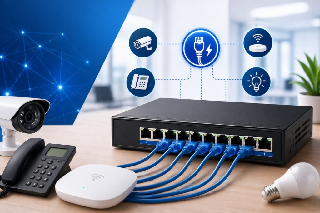PoE switch connected to office devices including security cameras, WiFi access point, IP phone, and smart office equipment. Source AI.